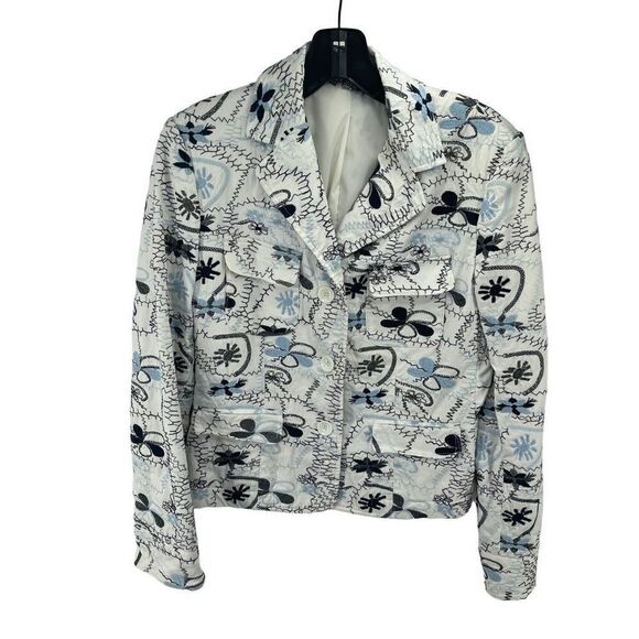 Per Se Women's Floral Cropped Blazer Jacket Fully Lined White Blue Size 4 - Picture 1 of 12